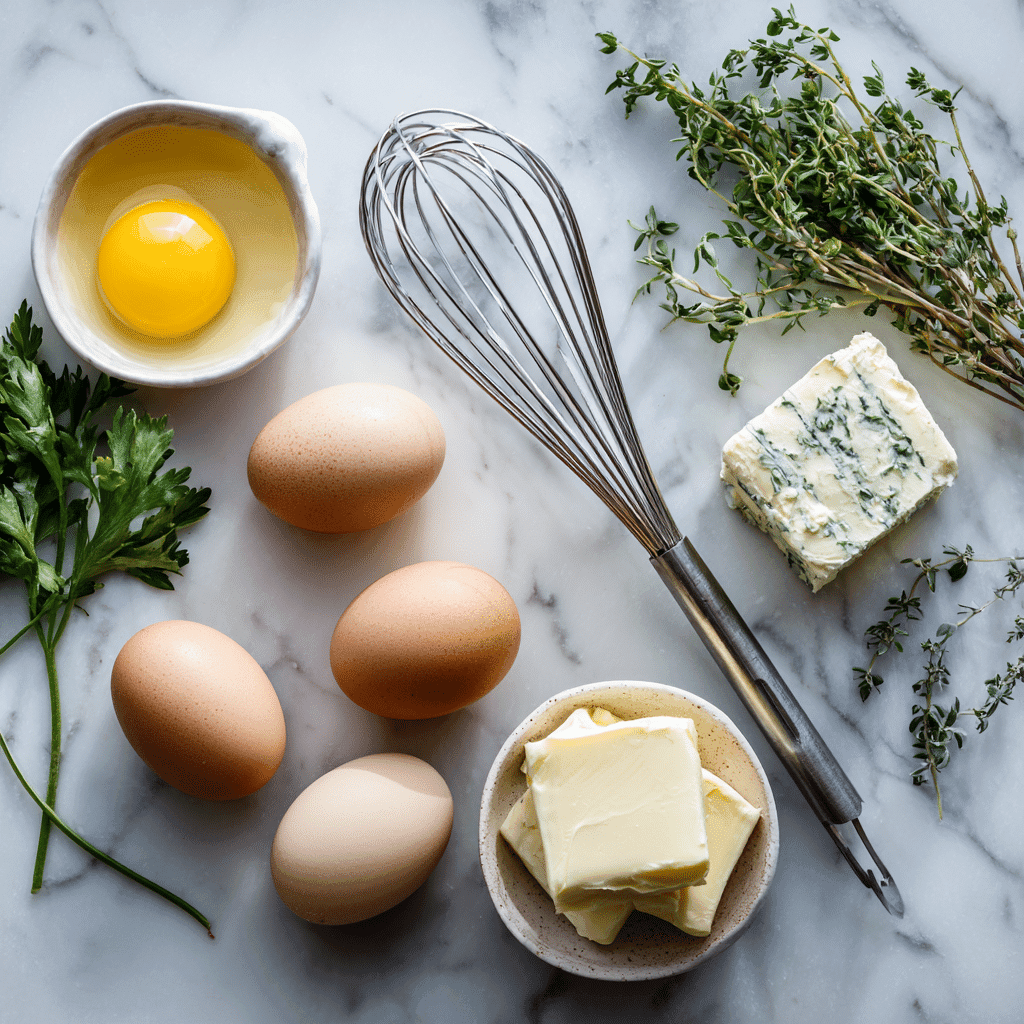 Ingredients for scrambled eggs breakfast