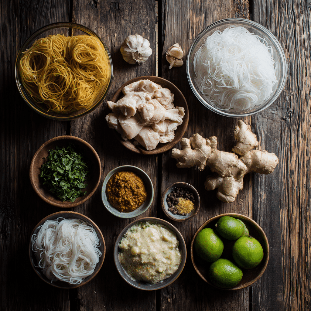 Thai curry chicken noodle soup ingredients flat lay