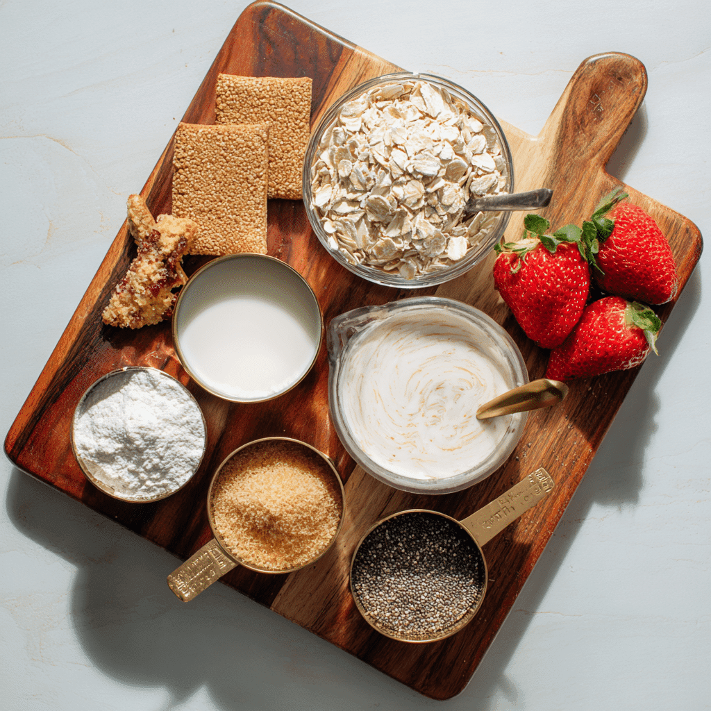 Ingredients for vanilla cheesecake protein overnight oats