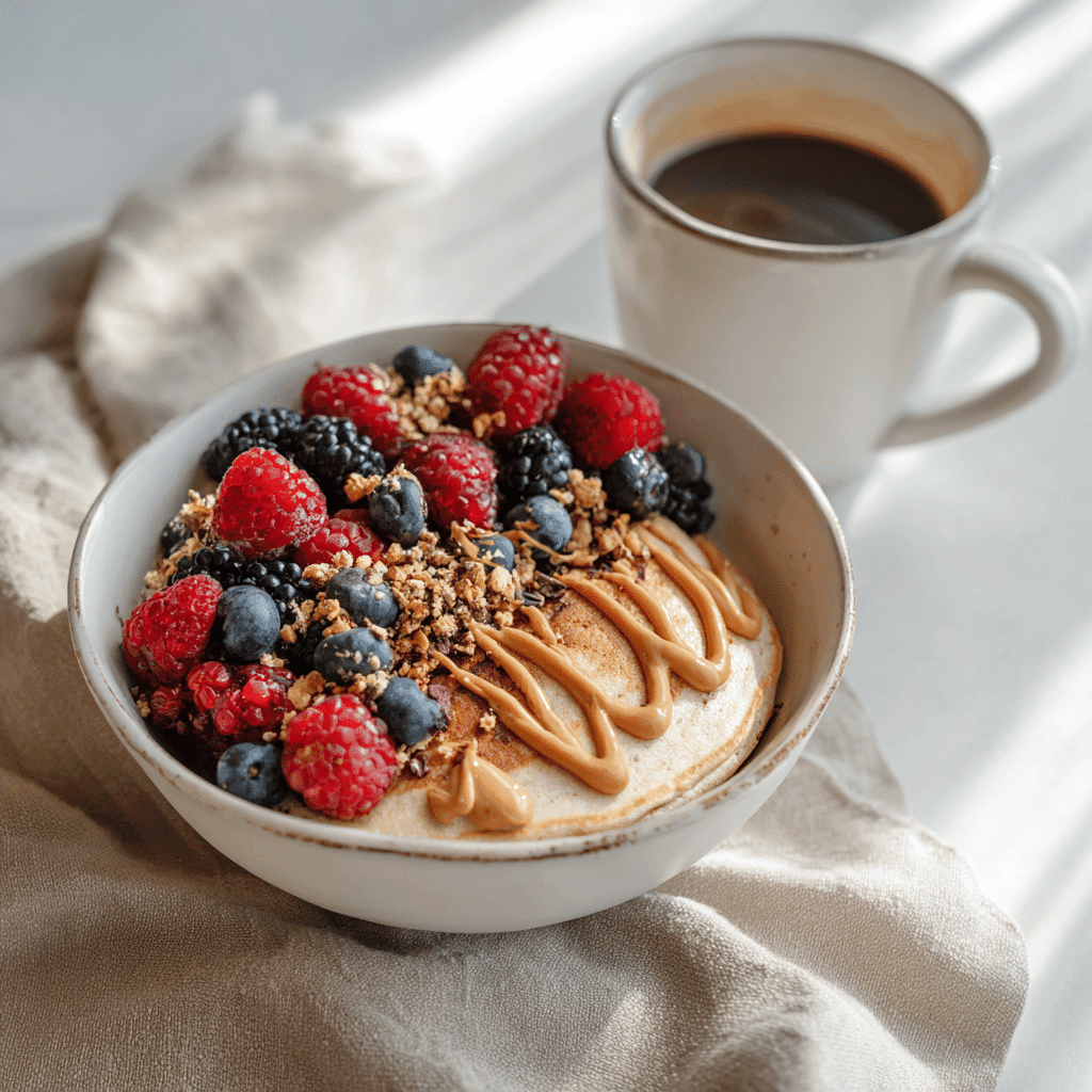 Served high-protein pancake bowl with toppings