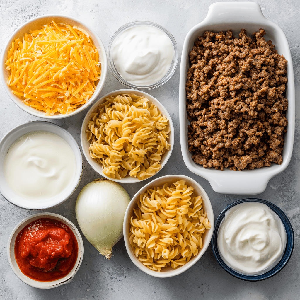 Ingredients for Cheesy Ground Beef Bake