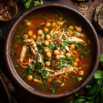Moroccan Spiced Chicken Soup in rustic bowl