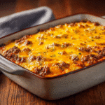 One-dish ground beef casserole in a rustic baking dish