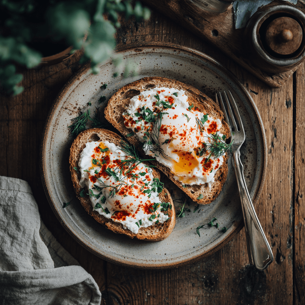 Yogurt and Egg Breakfast Toast on rustic plate