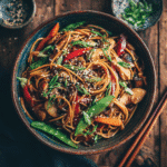 Healthy Chicken Lo Mein in a bowl with vegetables and noodles