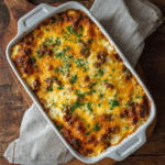 Ground Beef and Rice Bake in casserole dish