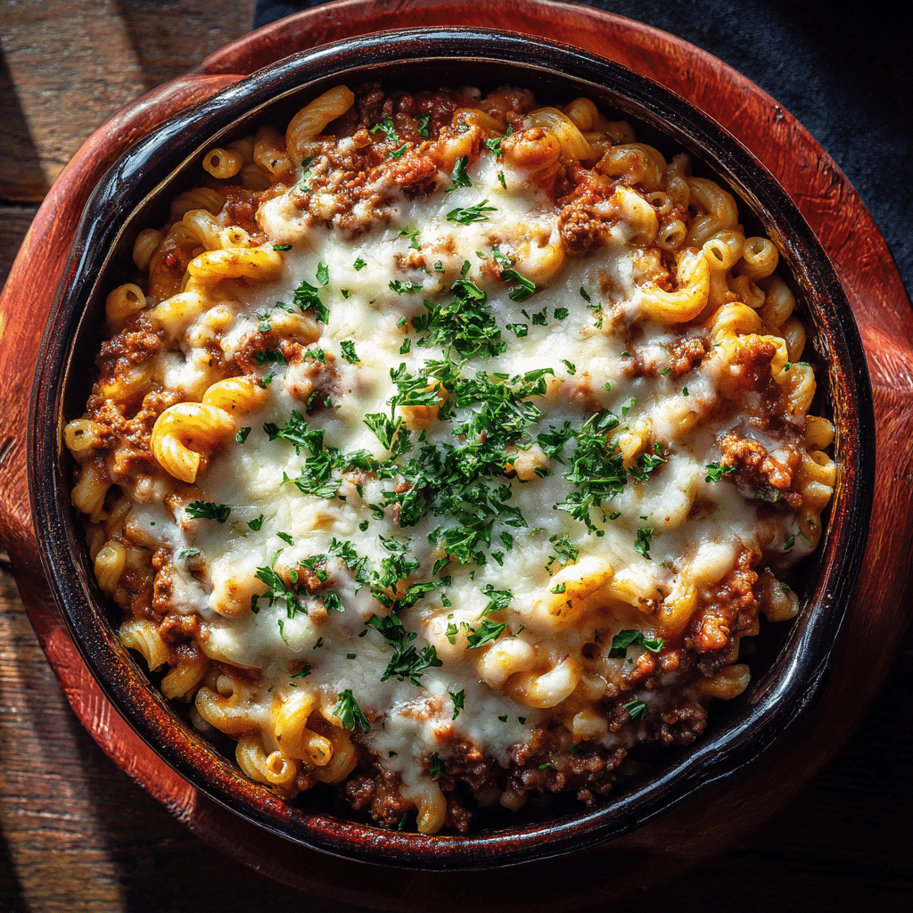 One-Pot Beefaroni Recipe in rustic pot