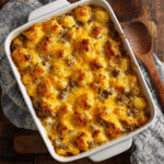 Cheesy Beef and Potato Bake in a white casserole dish