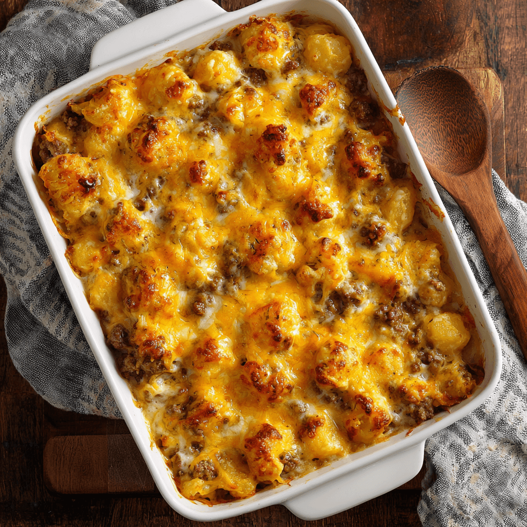 Cheesy Beef and Potato Bake in a white casserole dish