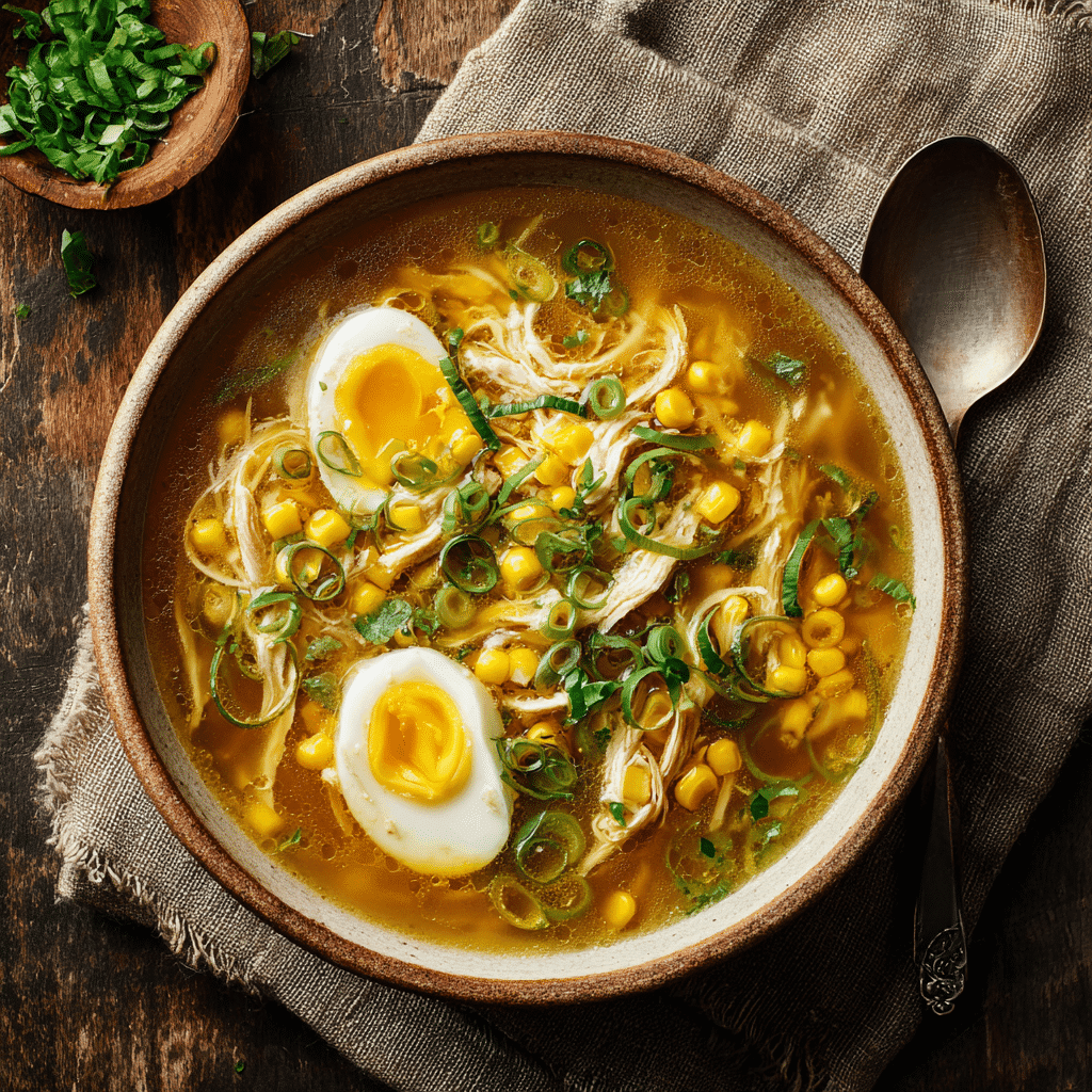 Chicken and sweet corn soup in a cozy bowl with fresh garnishes