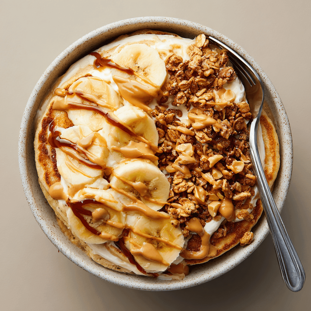 Protein pancake bowl served with toppings