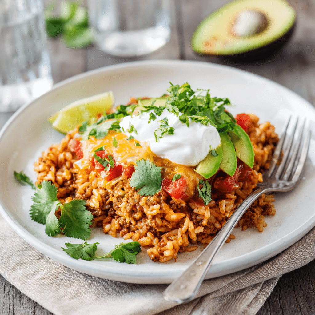 Taco rice skillet served with toppings