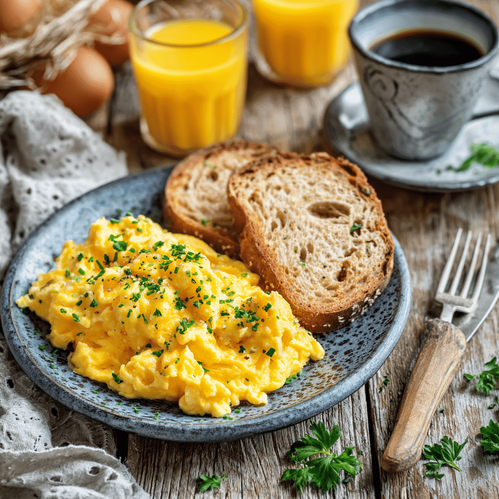 Plated scrambled eggs with toast and herbs