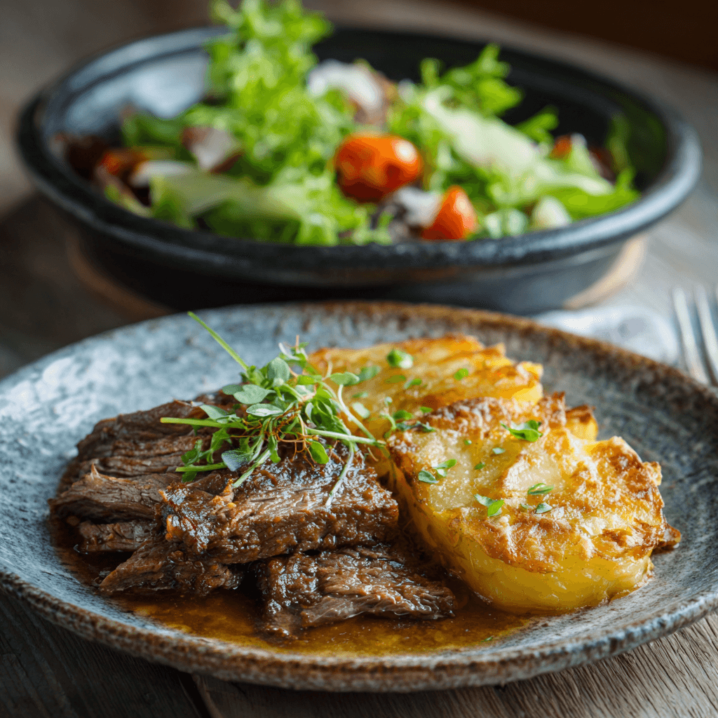 Plated slice of cheesy beef and potato bake with salad