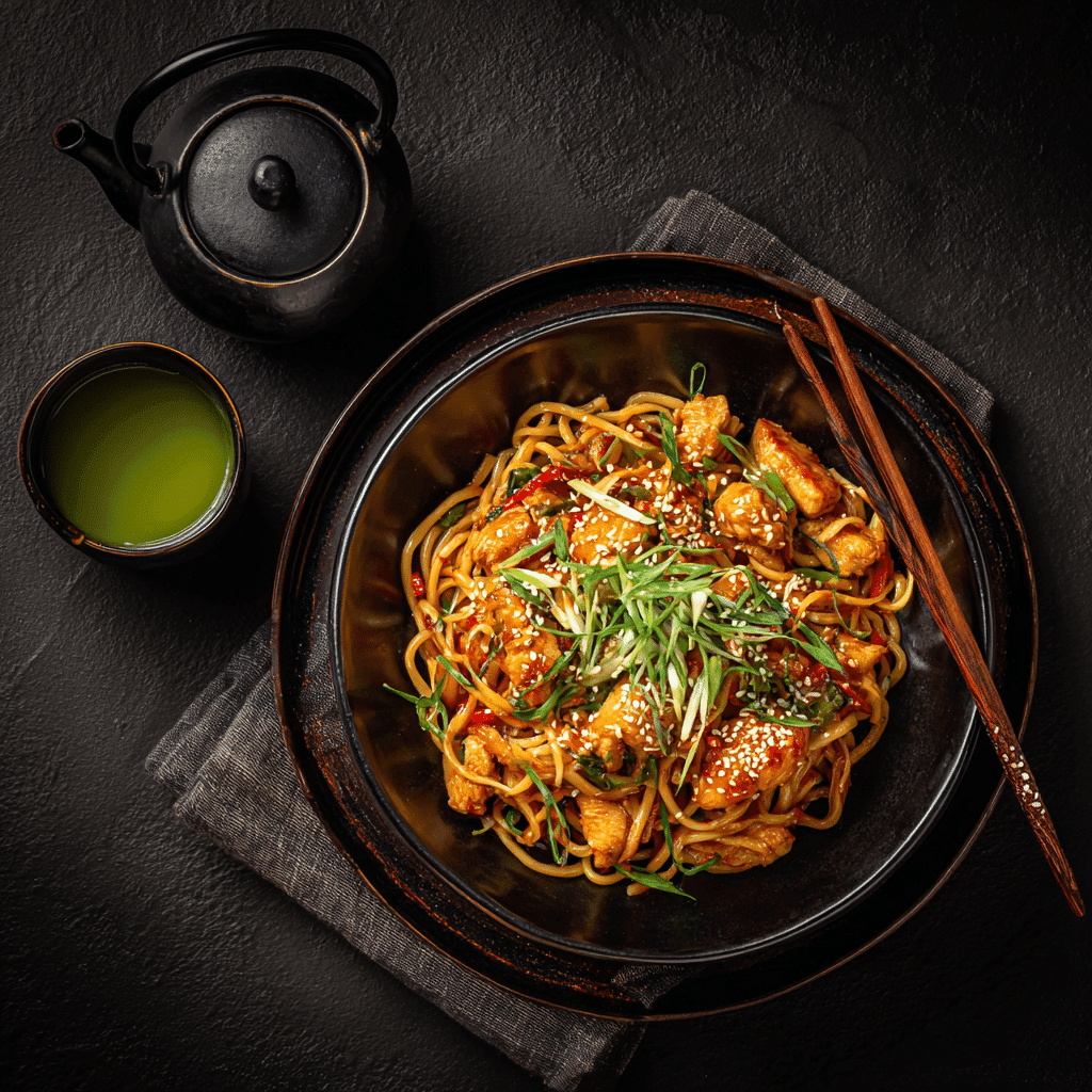 Served spicy chicken lo mein with green onions and sesame