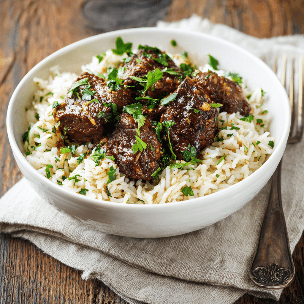 Served quick ground beef rice dinner in a bowl