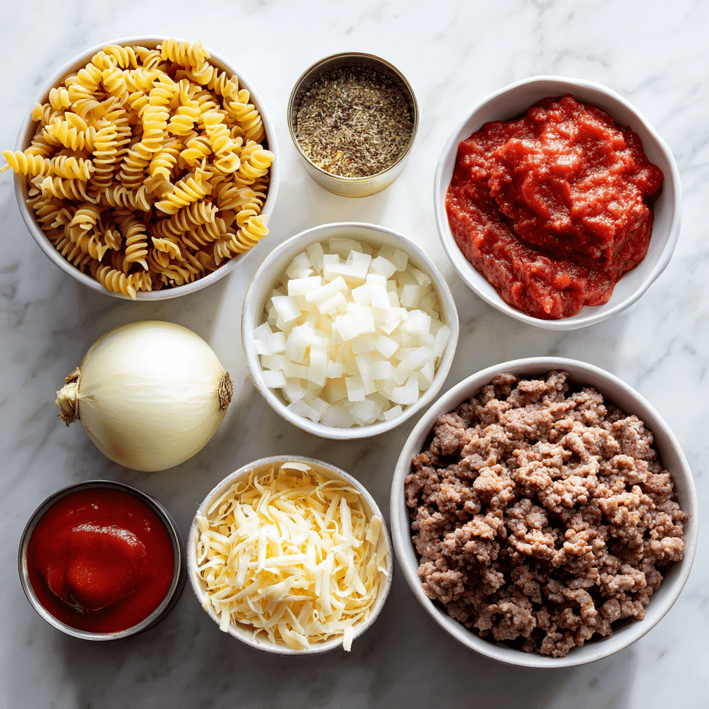 Ingredients for ground beef pasta casserole on kitchen counter