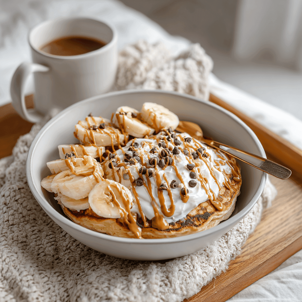 chocolate chip protein pancake bowl with toppings