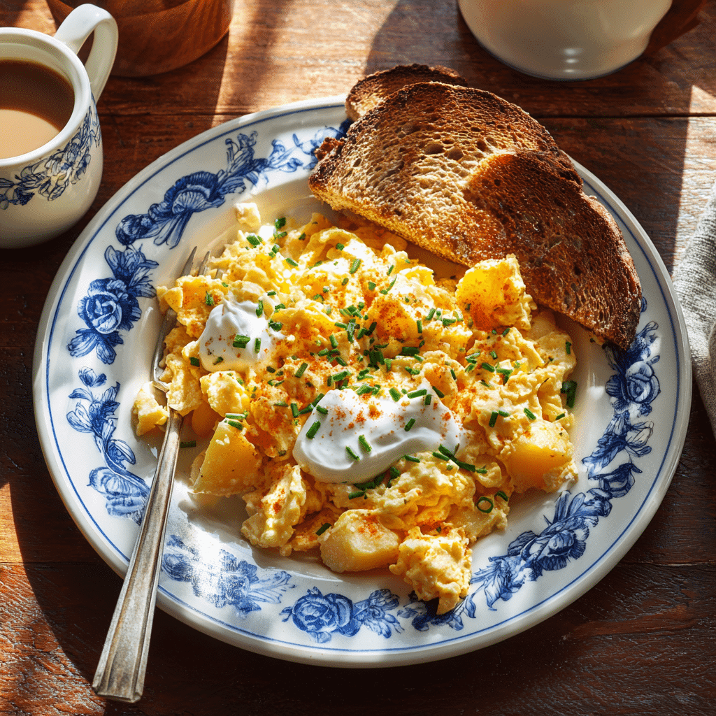 Served cheesy potato egg scramble with toast