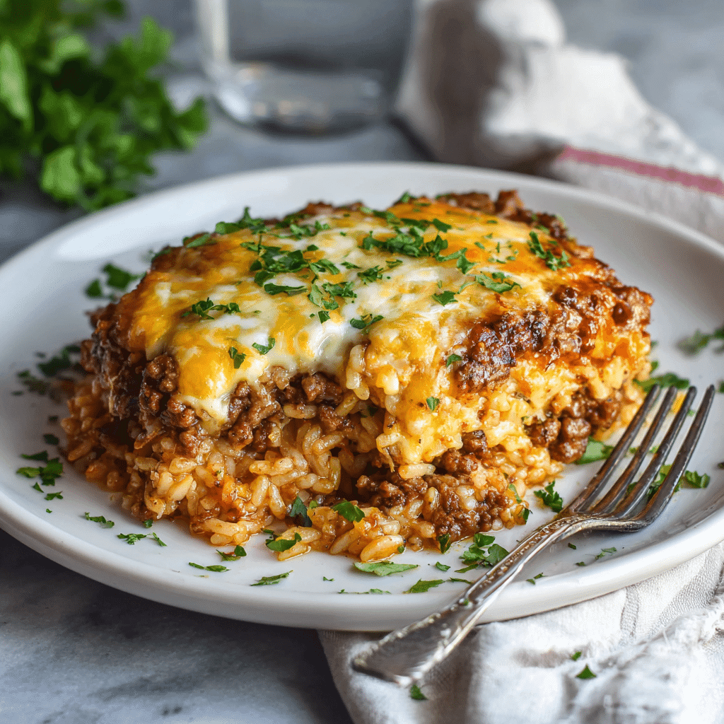 Served plate of ground beef and rice bake