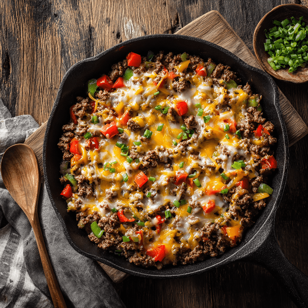 Simple Ground Beef Skillet Recipe in cast iron pan