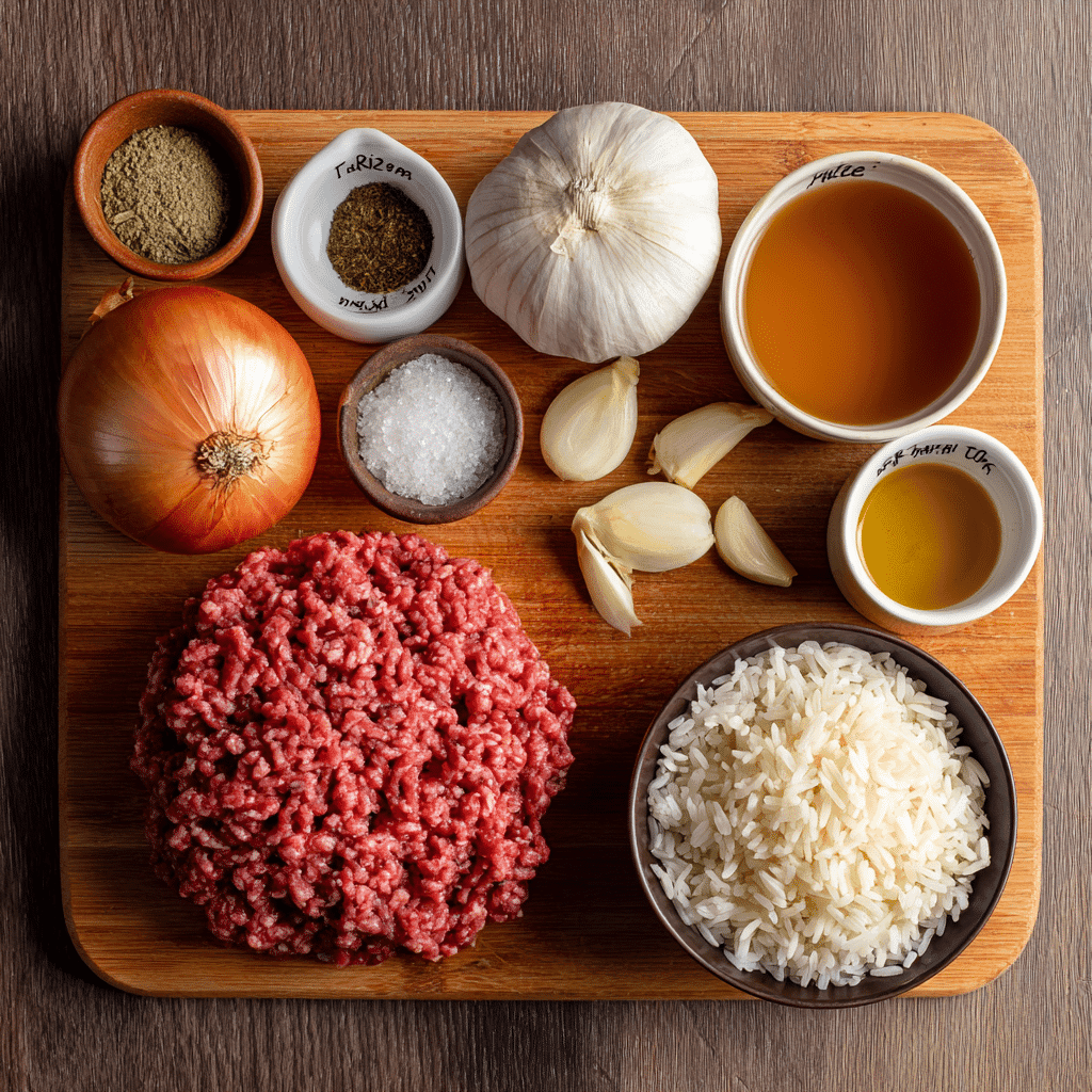 Ingredients for quick ground beef rice dinner
