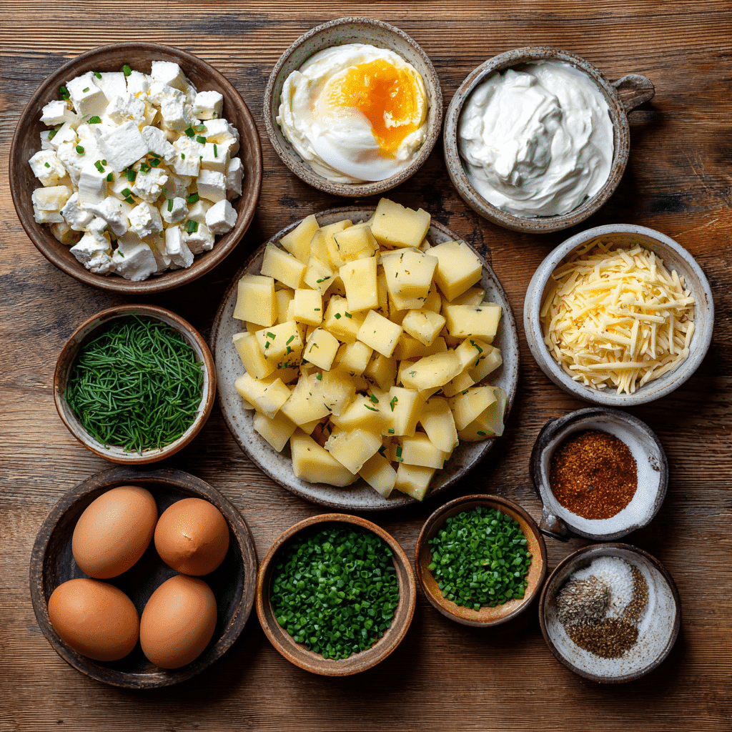 Ingredients for cheesy potato egg scramble