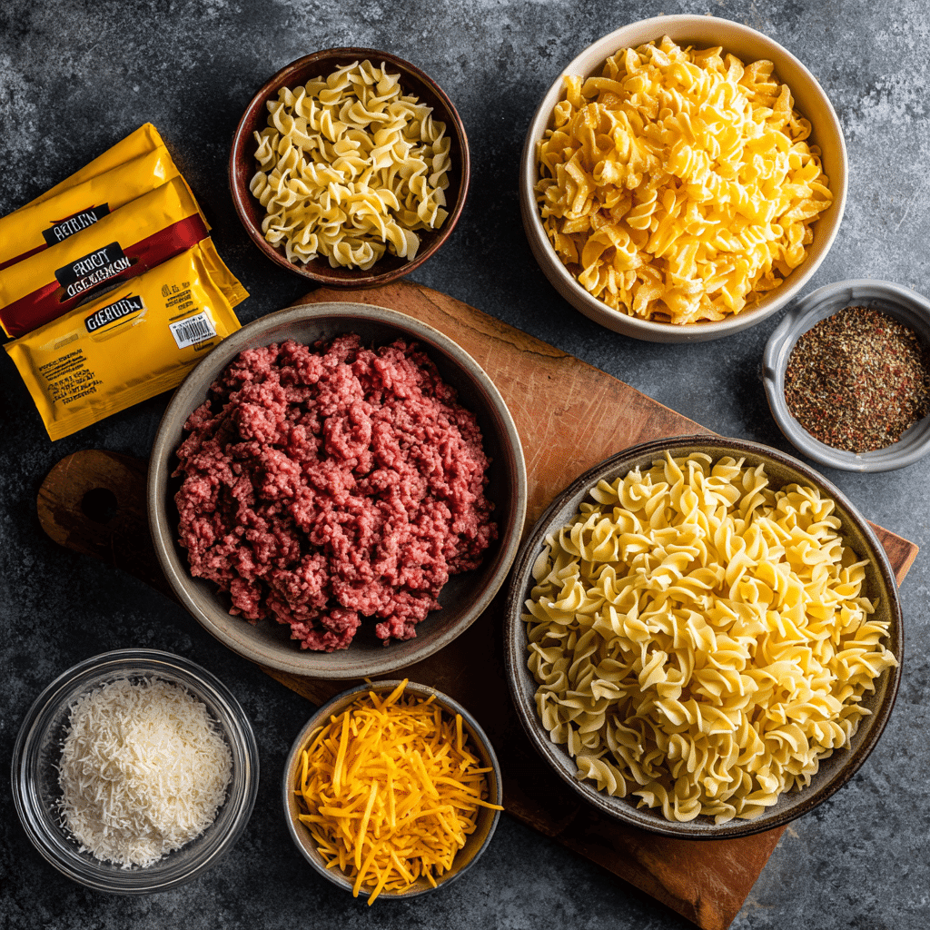 ingredients for one-pan ground beef casserole