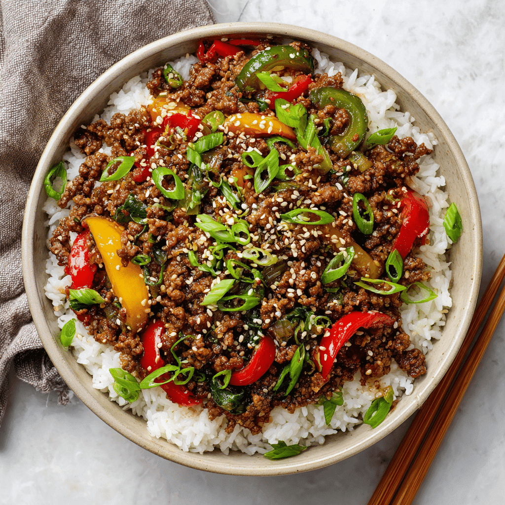 Bowl of ground beef stir fry over rice