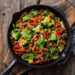 Weeknight ground beef stir fry in skillet