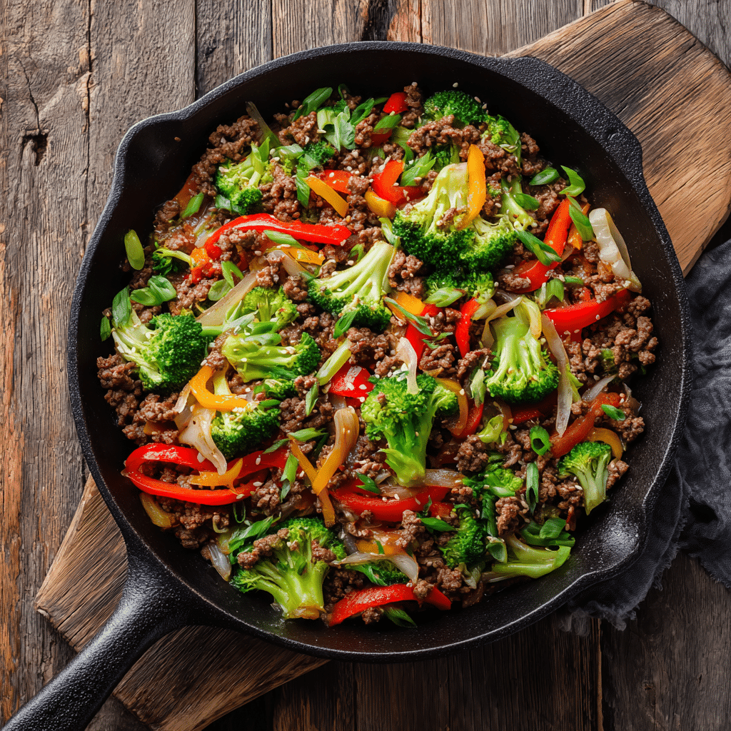 Weeknight ground beef stir fry in skillet