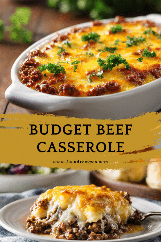 Cheesy budget-friendly ground beef casserole served on plate with melted cheese topping