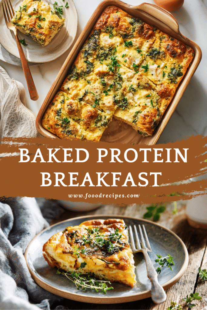 High-protein baked breakfast casserole made with eggs, chicken, and spinach