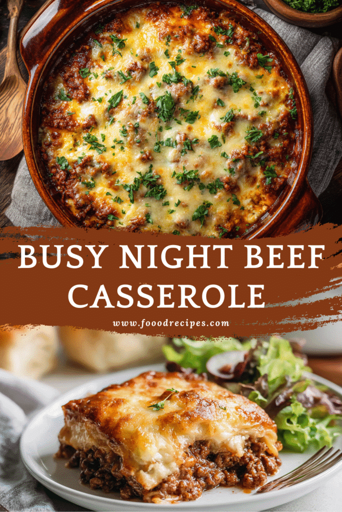 Ground Beef Casserole for Busy Nights baked with melted cheese and seasoned ground beef