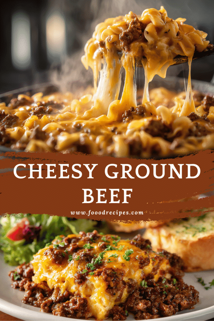 Cheesy ground beef weeknight meal with melted cheddar cheese and seasoned beef served hot in skillet.