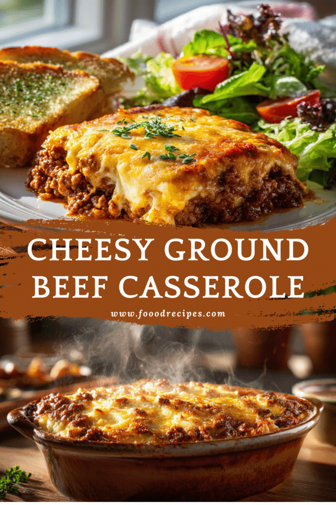Cheesy Ground Beef Casserole with melted cheddar cheese served with garlic bread and fresh salad.