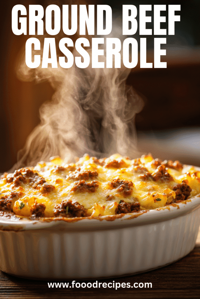 Bubbling hot comfort food ground beef casserole in white baking dish with cheese and steam