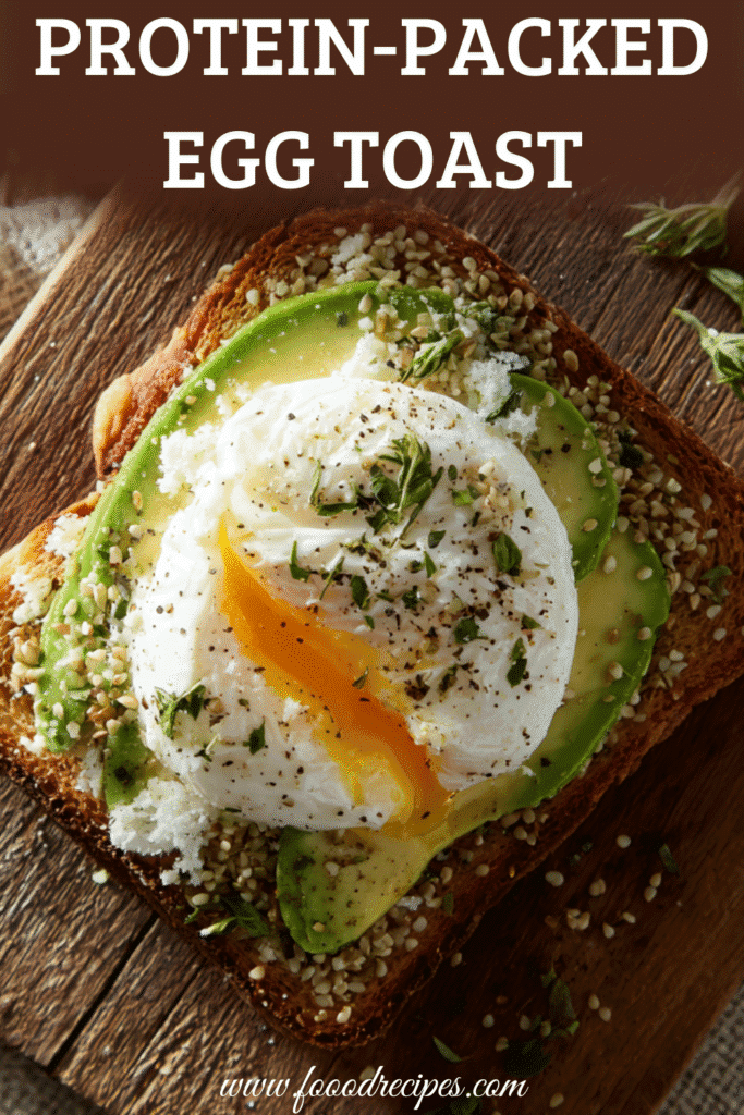 Protein-packed egg toast topped with poached egg, avocado, hemp seeds, and cottage cheese on rustic wooden board