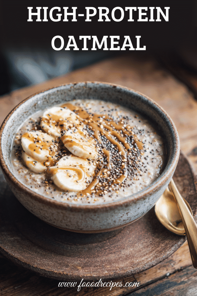 High protein breakfast oatmeal topped with banana, chia seeds, and almond butter in a rustic bowl