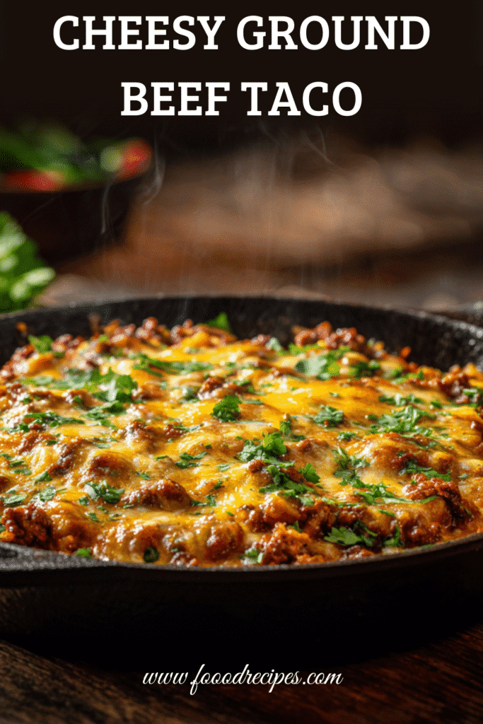 Cheesy Ground Beef Taco Skillet in cast iron pan with melted cheese and fresh cilantro