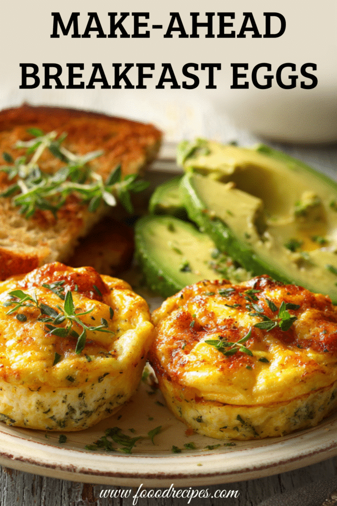 Make-Ahead Savory Breakfast Eggs served with avocado slices and toast – protein-rich meal prep idea