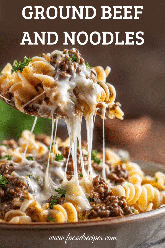 Ground beef and noodles one pot with melted cheese and parsley