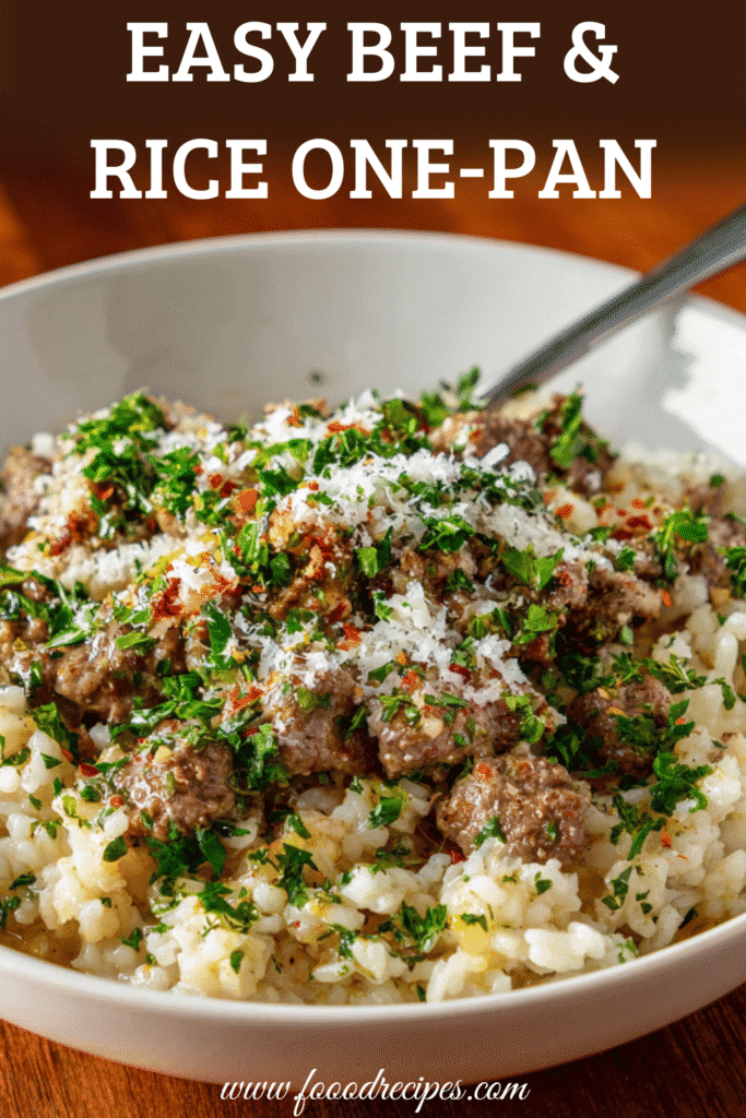 Easy beef and rice one-pan dinner in a bowl topped with herbs and Parmesan
