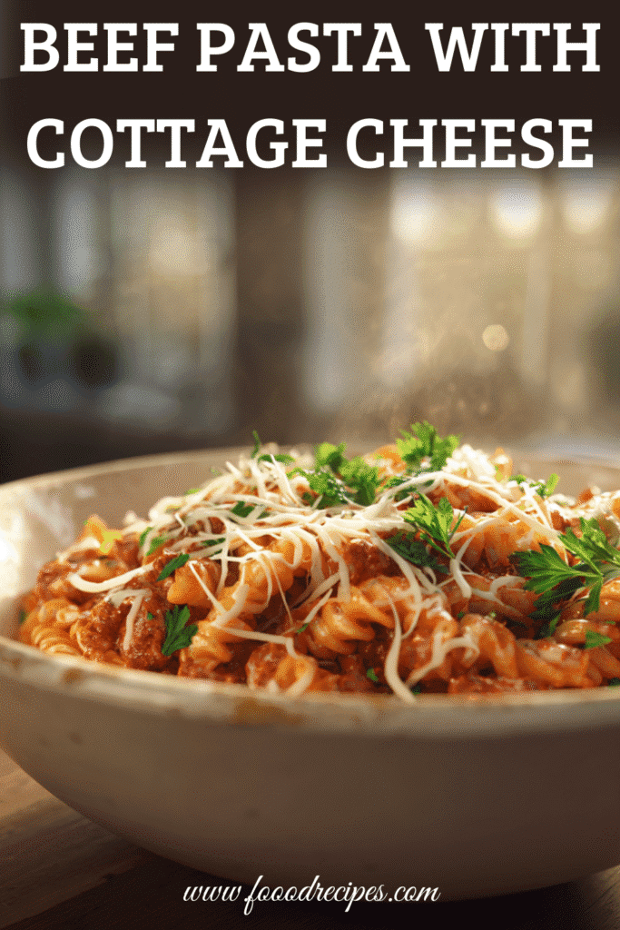 Ground Beef Pasta with Cottage Cheese served in a rustic bowl with tomato sauce and fresh parsley