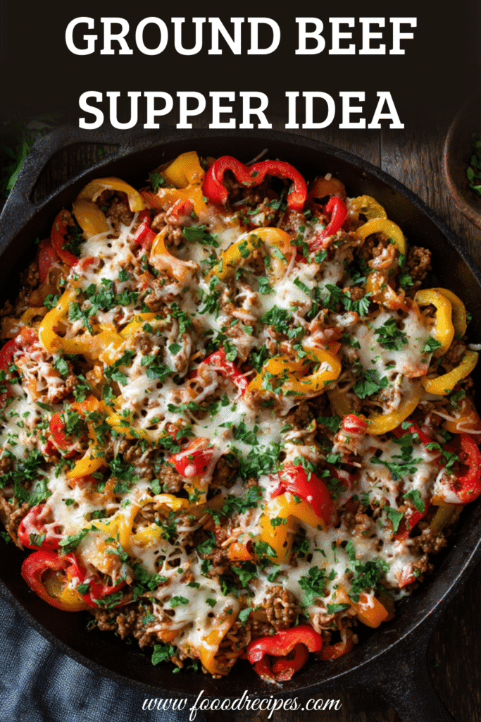 easy ground beef supper idea skillet with bell peppers and melted cheese