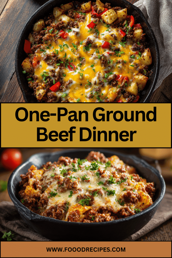 One-Pan Ground Beef Dinner Recipe in skillet with potatoes, cheese, and vegetables