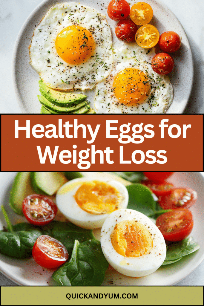 Healthy eggs for weight loss served with avocado, spinach, and cherry tomatoes