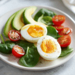 Healthy eggs for weight loss breakfast plate with vegetables