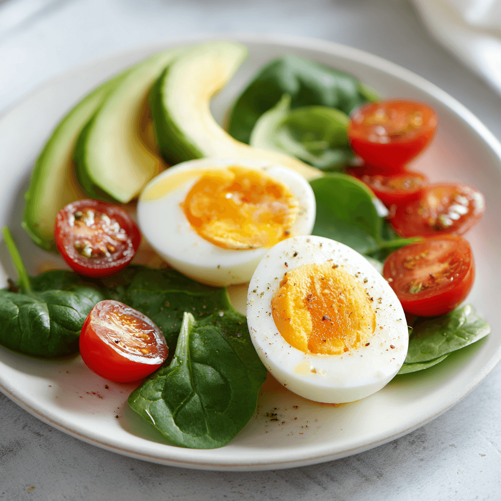 Healthy eggs for weight loss breakfast plate with vegetables