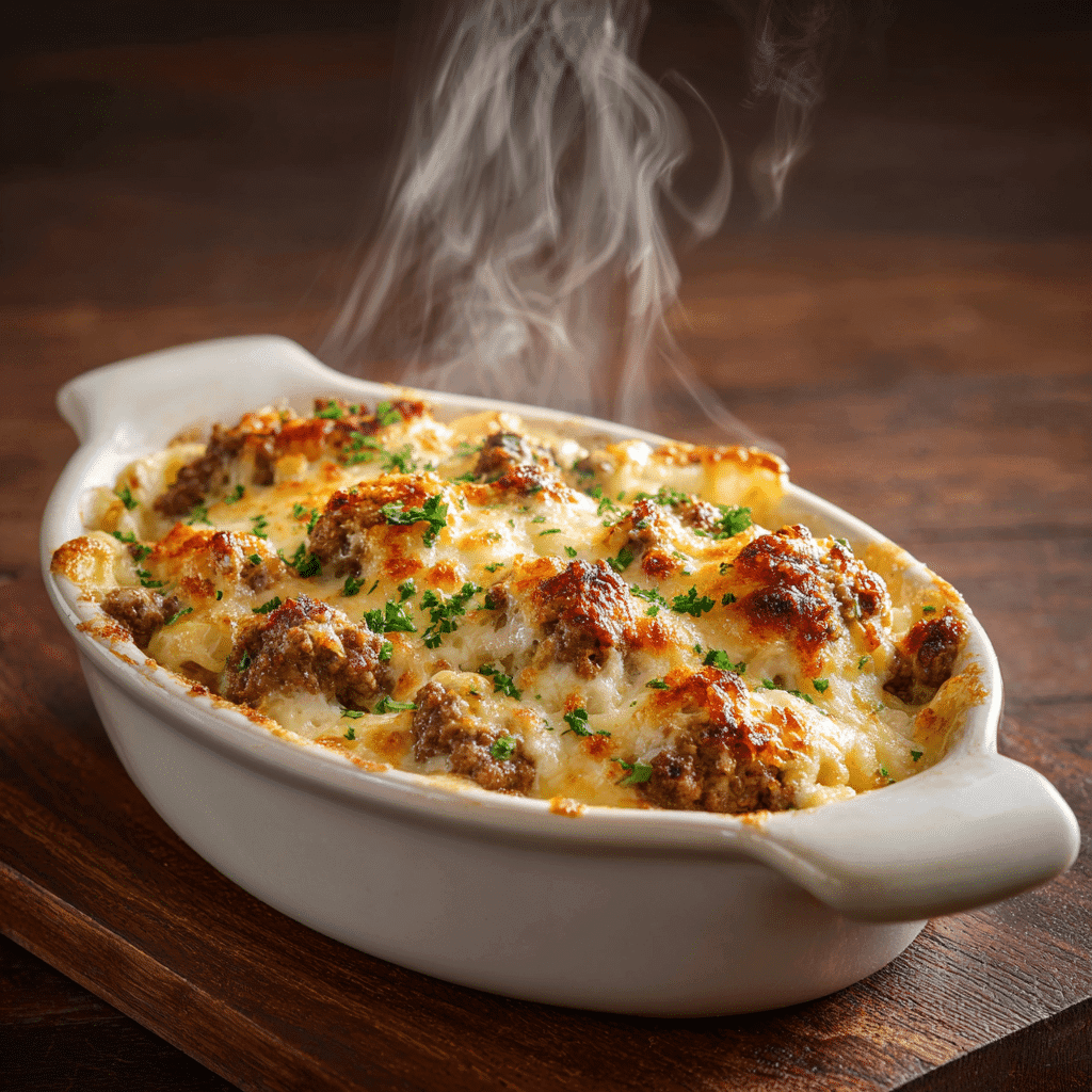 Comfort food ground beef casserole baked golden and cheesy